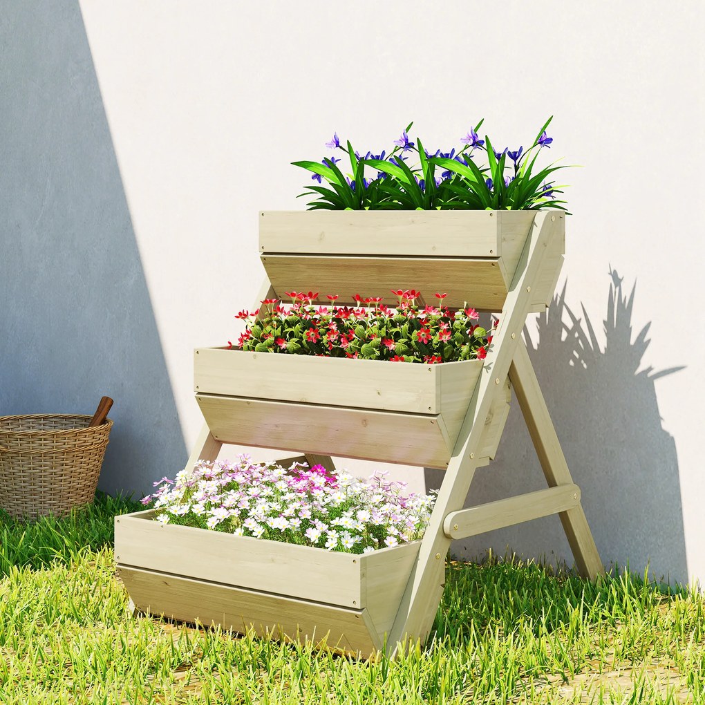 Outsunny Pat vertical cu 3 etaje din lemn, jardiniere 3 compartimente cu orificii de scurgere Verde | Aosom Romania