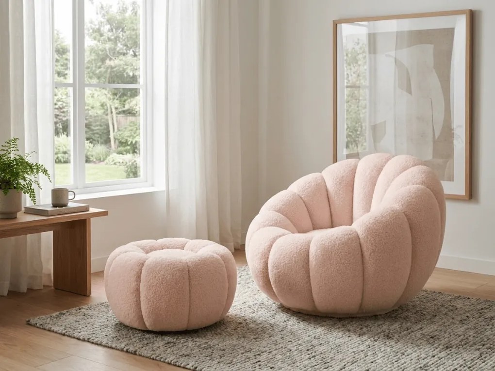 Fotoliu de design rotativ BLOOM cu taburet, roz deschis