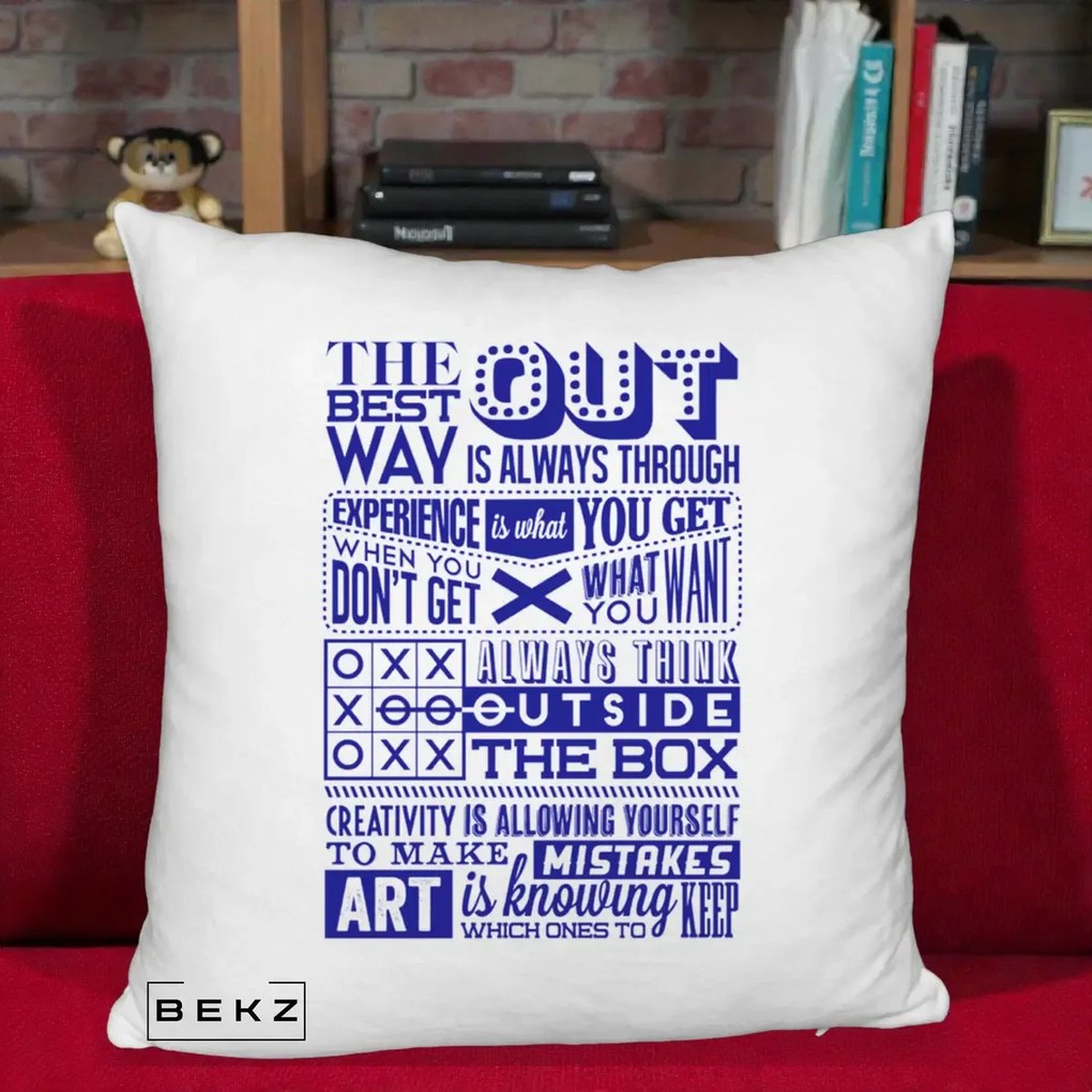 Perna Decorativa Citate Creativitate Albastru, 40x40 cm, Alb Pufos, Husa Detasabila, Perna Inclusa, BEKZ®