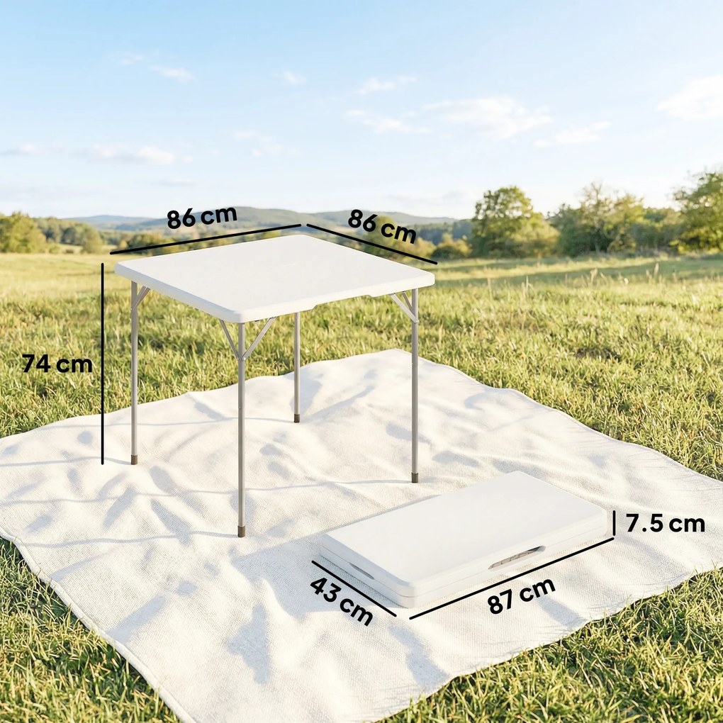 Outsunny Masă pliantă din HDPE, masă de camping pliantă pătrată 86 x 86 x 74 cm, cu mâner, înălțime reglabilă, alb | Aosom Romania