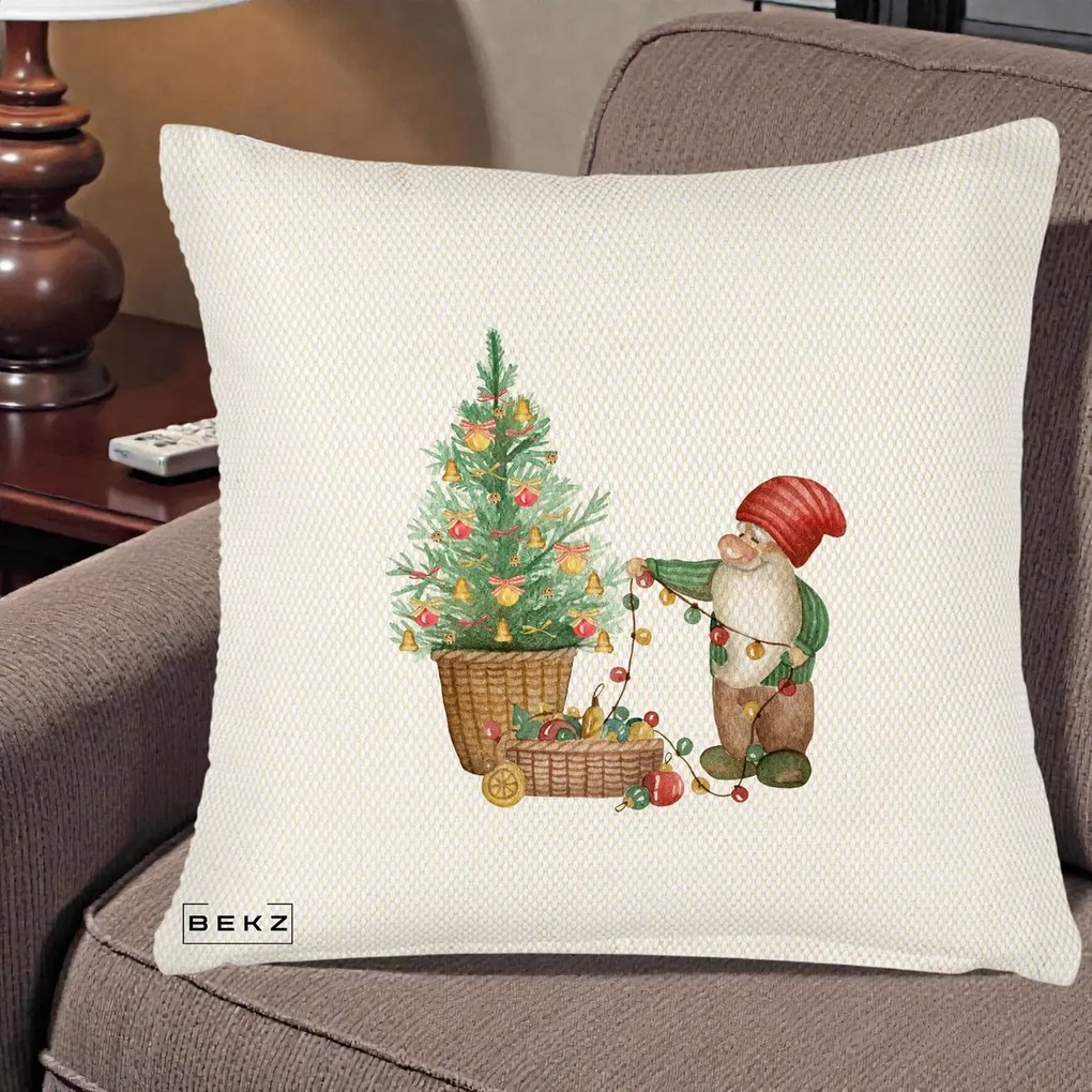 Perna Decorativa Pitic de Craciun cu Brad, 40x40 cm, Crem Reliefat, Husa Detasabila, Perna Inclusa, BEKZ®