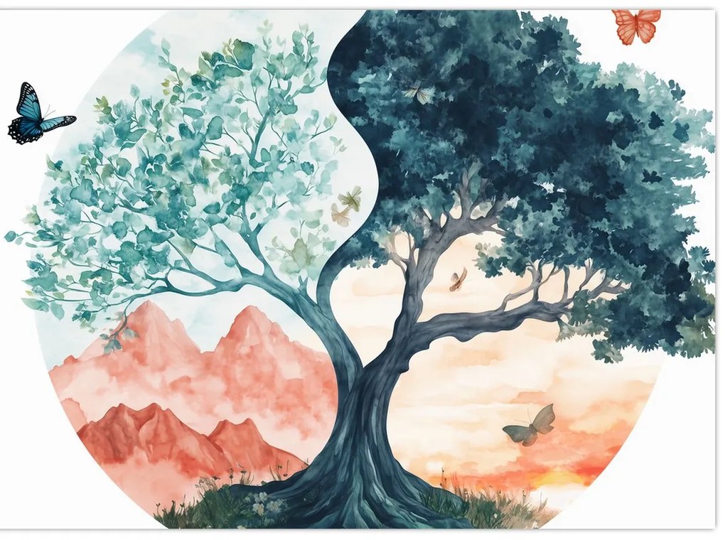 Tablou pe sticlă – Arbore acvarelă plin de viață (70x50 cm)