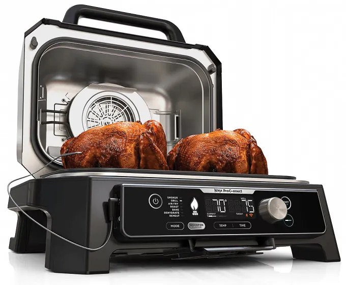 Gratar electric Ninja OG901EU, SMART, 1700W, 7 programe, 45x29 cm, 260C, Ceramica Plocha, Tehnologie Woodfire, IPX4, Negru/Albastru