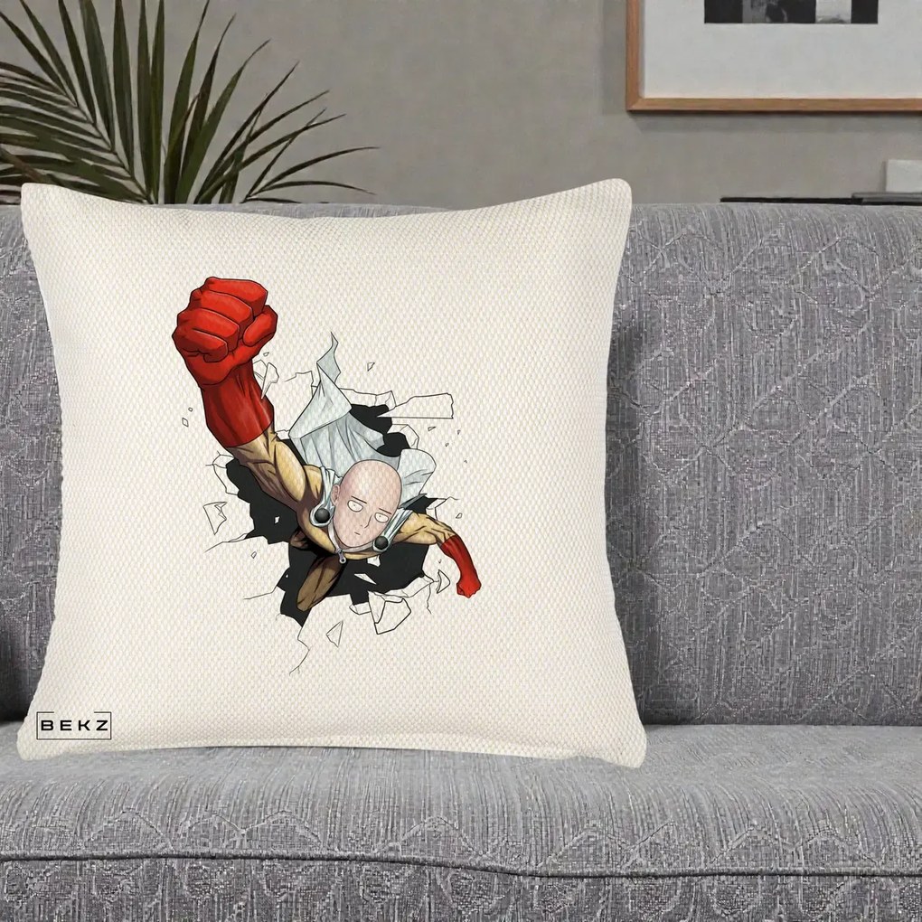 Perna Personalizata One Punch Man Saitama Pumn, 40x40 cm, Crem Reliefat, Husa Detasabila, Perna Inclusa, BEKZ®