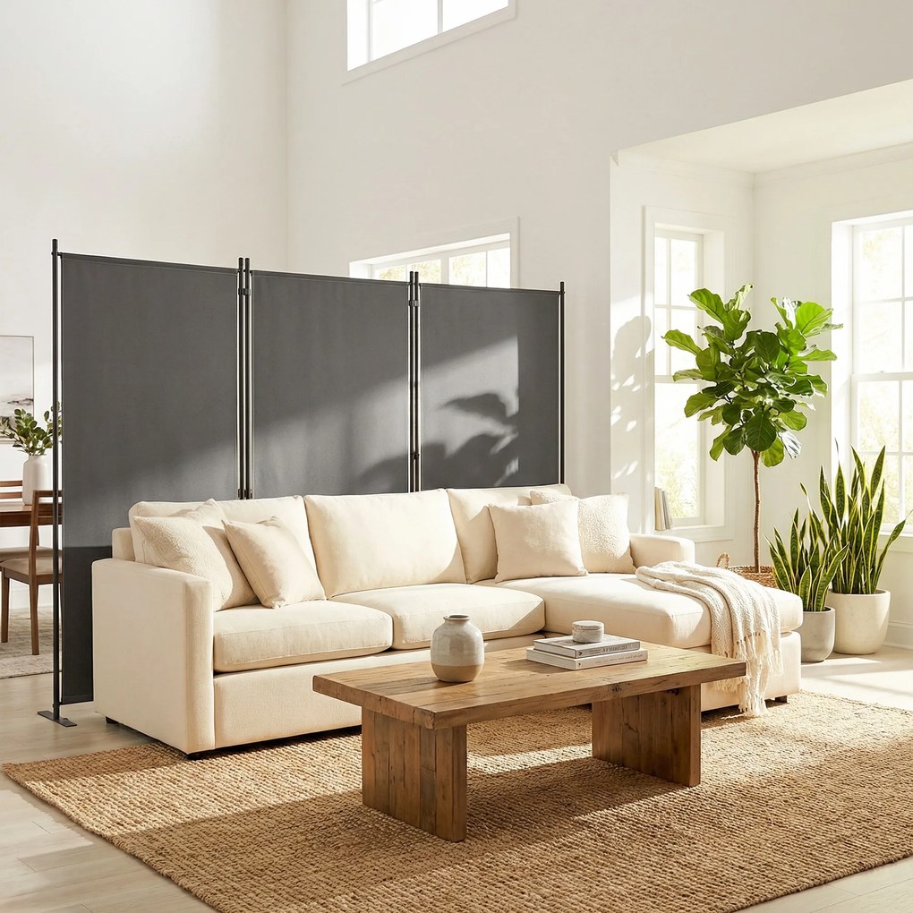 Outsunny Paravan pliabil cu 3 panouri 260x180 cm Paravan separator de încăperi cu suport metalic UPF 30+ Gri închis | Aosom Romania