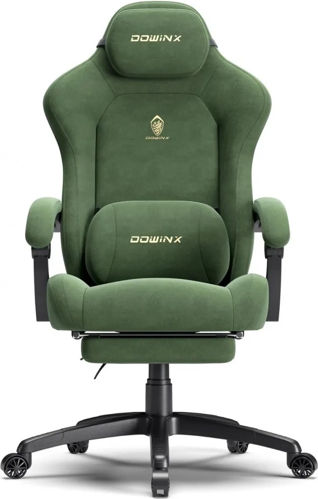 DOWINX – Scaun Gaming, Suport Lombar cu Masaj, Șezut cu Arcuri Metalice și Spumă, Rabatabil 90°-160°, Suport picioare, Rezistent 160 kg, material textil, Verde