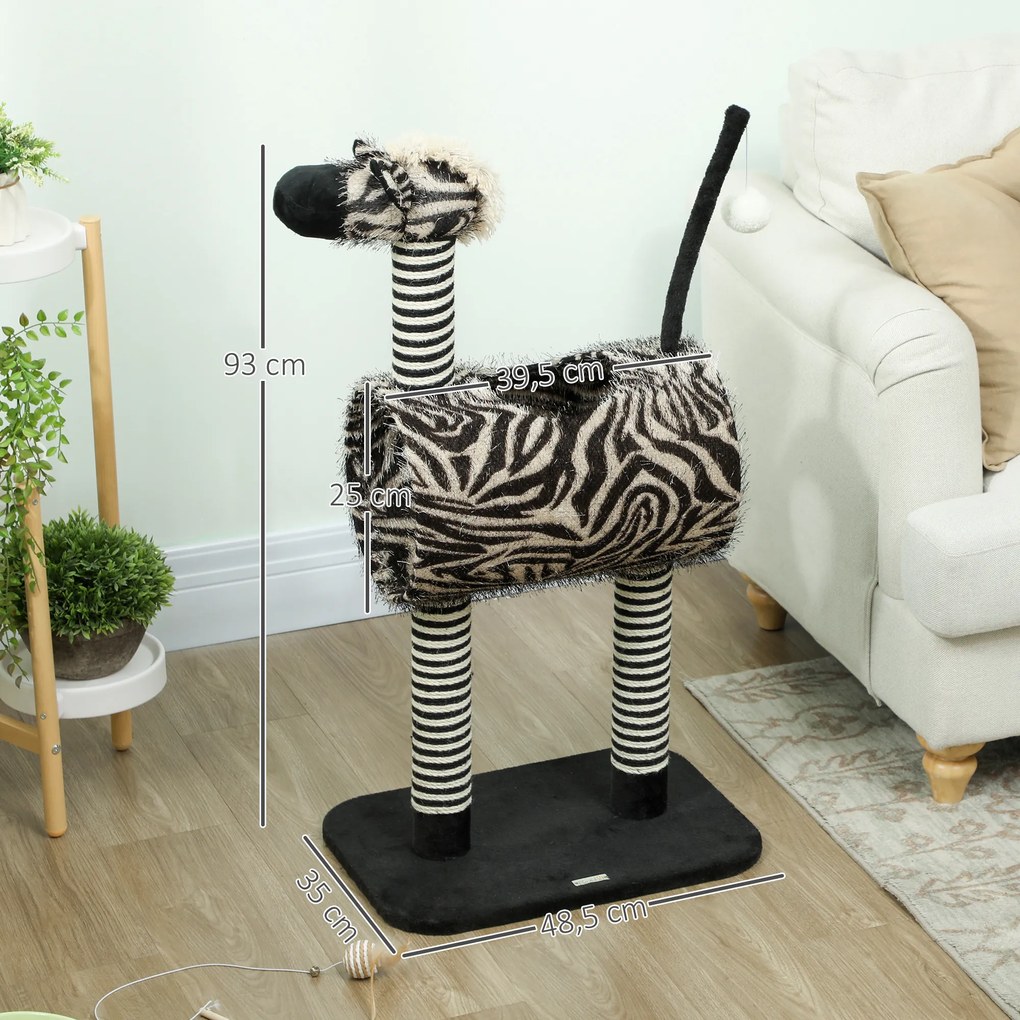 PawHut Copac zgâriat în design zebra, 1 tunel pentru pisici, 3 stâlpi de zgâriat 48,5 cm x 35 cm x 93 cm, Negru + Alb | Aosom Romania