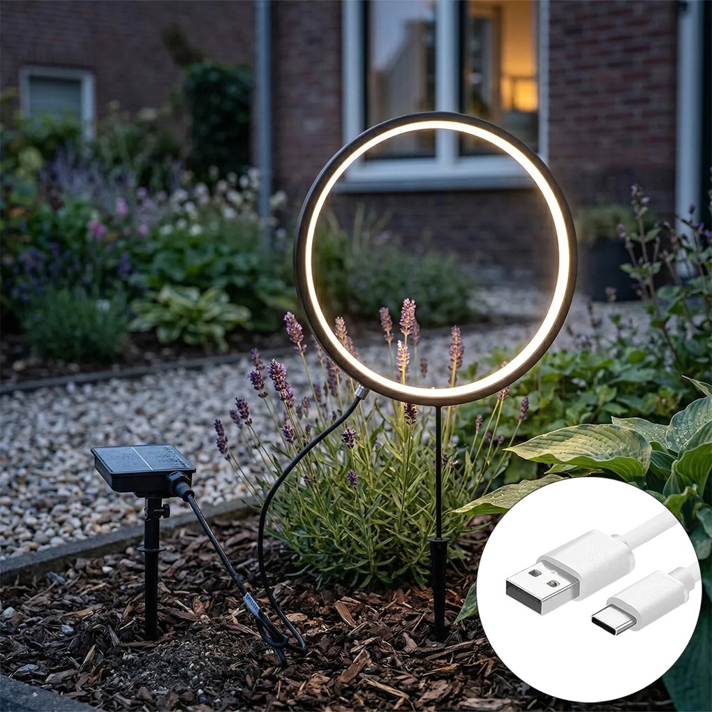 Lampă de sol neagră 60 cm cu LED reîncărcabil și solar IP65 - Adalind