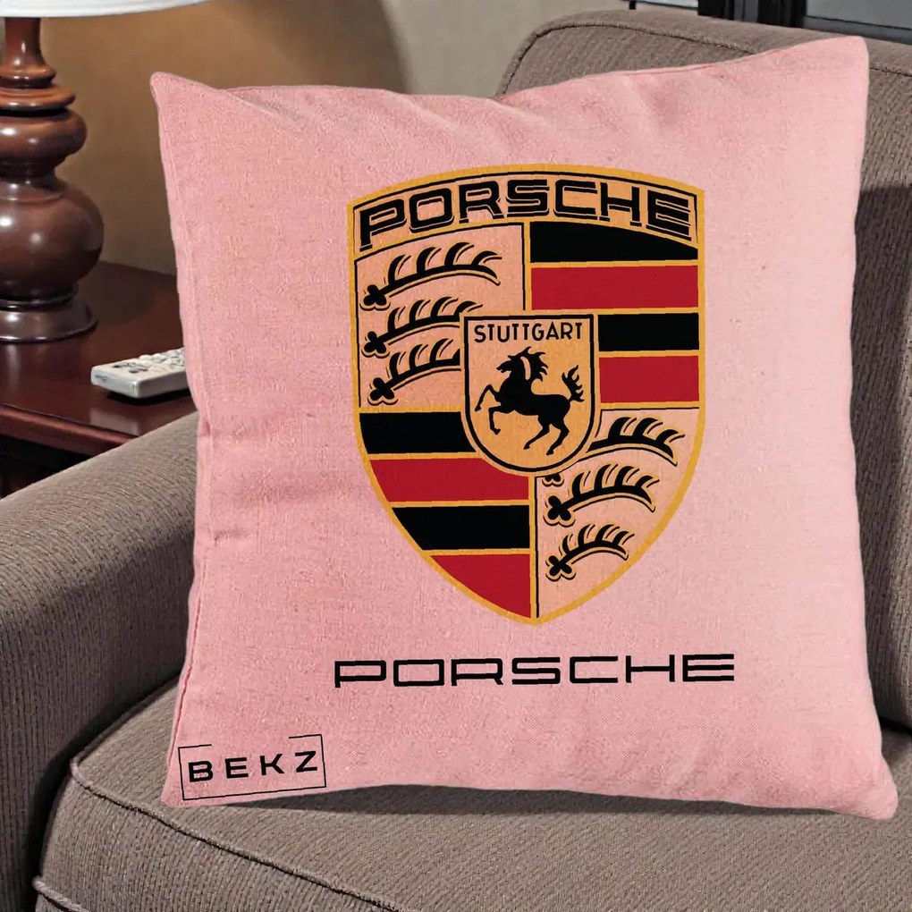Perna Personalizata Porsche Stuttgart, 40x40 cm, Roz, Husa Detasabila, Perna Inclusa, BEKZ®