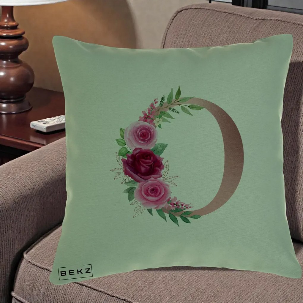 Cadou Personalizat - Perna Personalizata Monograma Rose Gold Litera O, 40x40 cm, Verde, Husa Detasabila, Perna Inclusa, BEKZ®