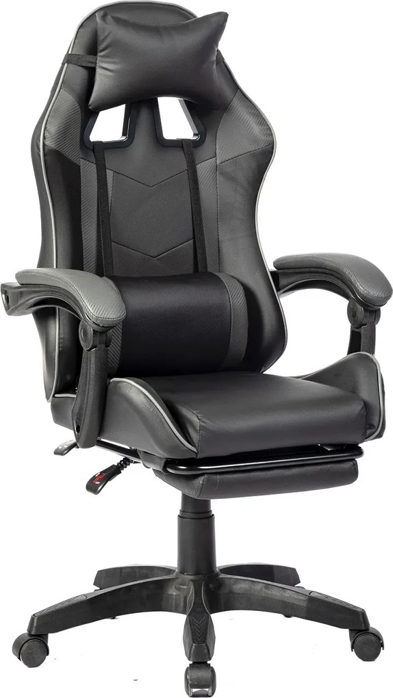 RESIGILAT- Scaun gaming, masaj în perna lombară, suport picioare, PU, Negru/Gri