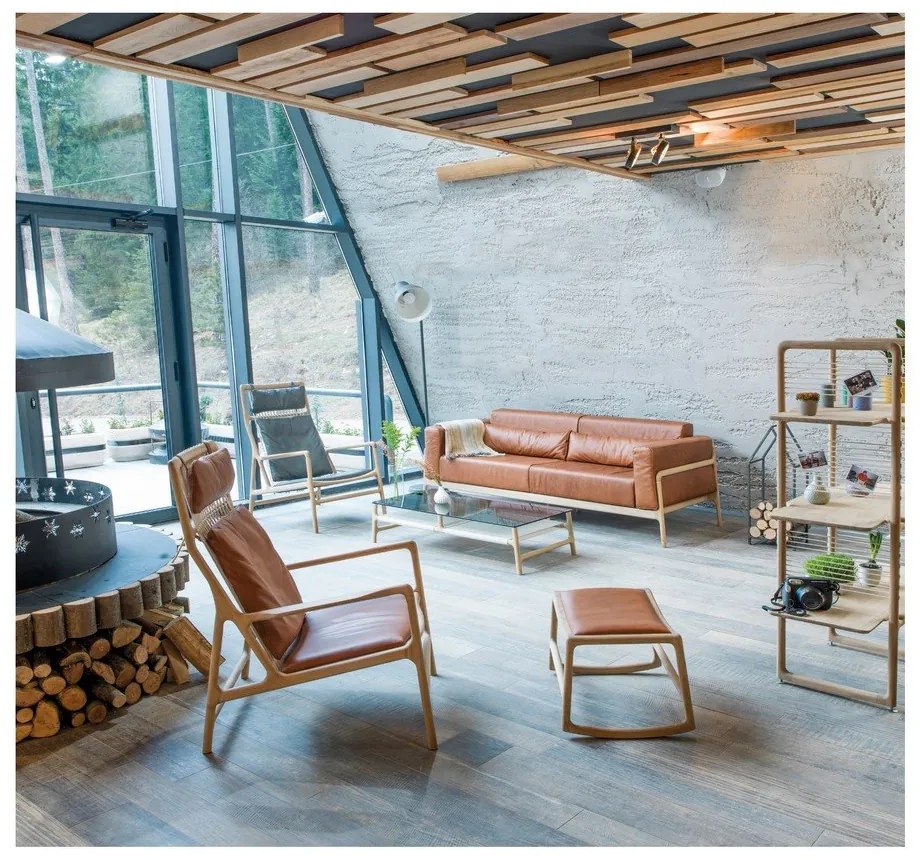 Canapea din piele bovină cu structură din lemn masiv de stejar Gazzda Fawn, 210 cm, maro cognac