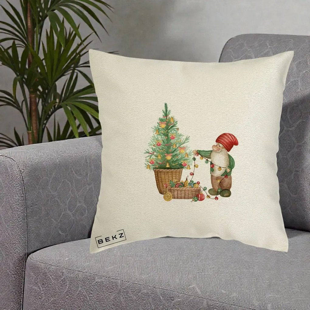 Perna Decorativa Pitic de Craciun cu Brad, 40x40 cm, Ecru, Husa Detasabila, Perna Inclusa, BEKZ®