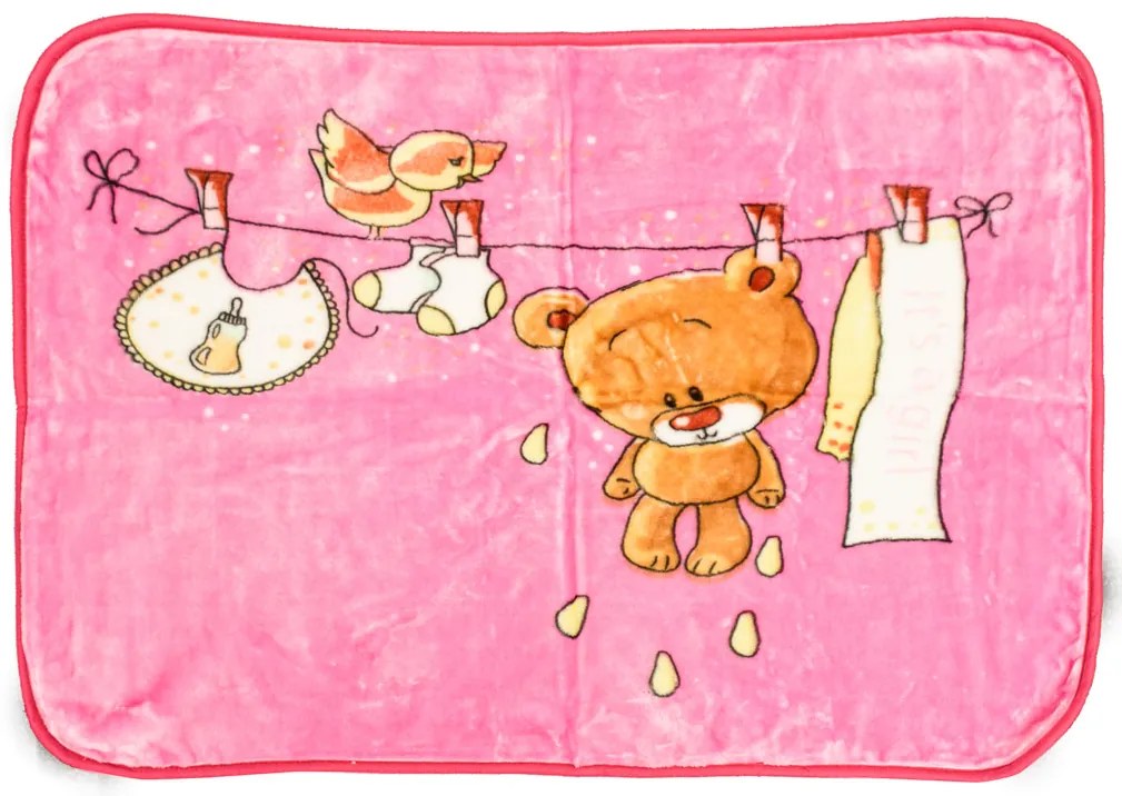 Patura roz din acril pentru copii, WET TEDDY, 80x110 cm
