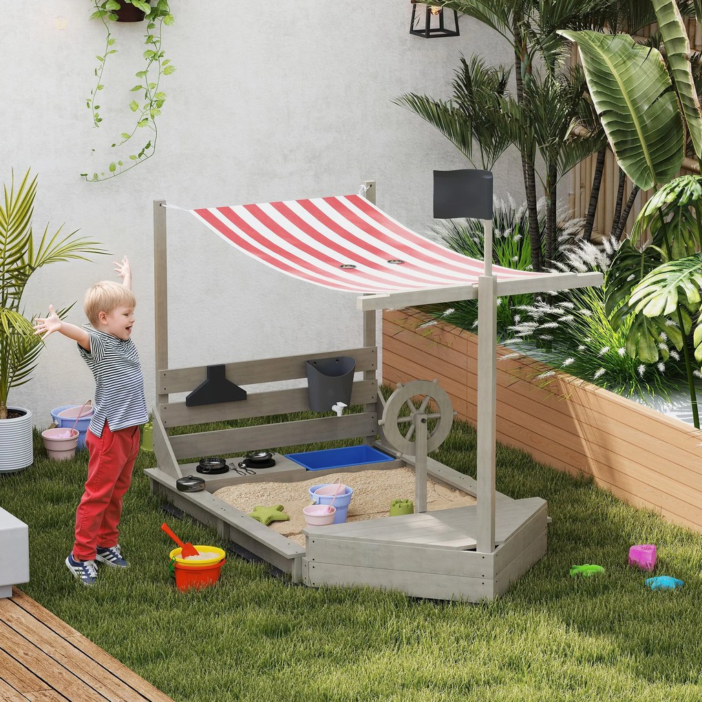 Outsunny Cutie de nisip cu parasolar Vapor pirat, inclusiv set de joc de bucătărie pentru copii, Lemn masiv, 180 x 103 x 144,5 cm, Gri | Aosom Romania