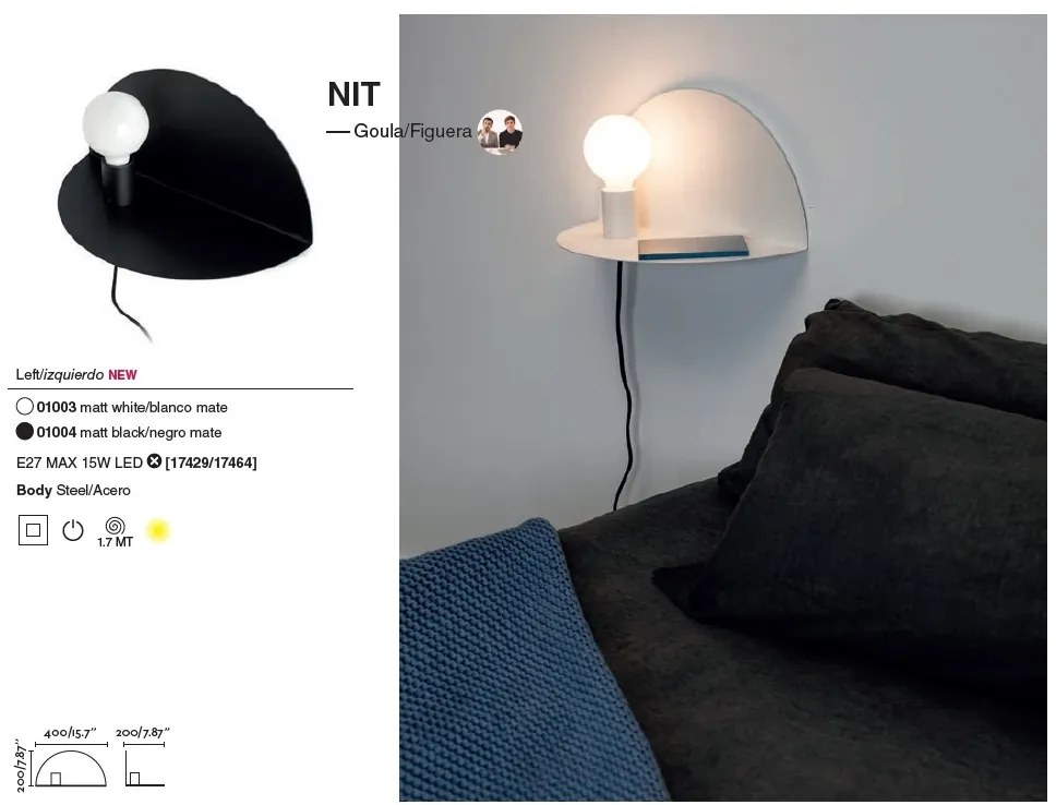 Aplica perete moderna cu raft NIT alba stanga 01003