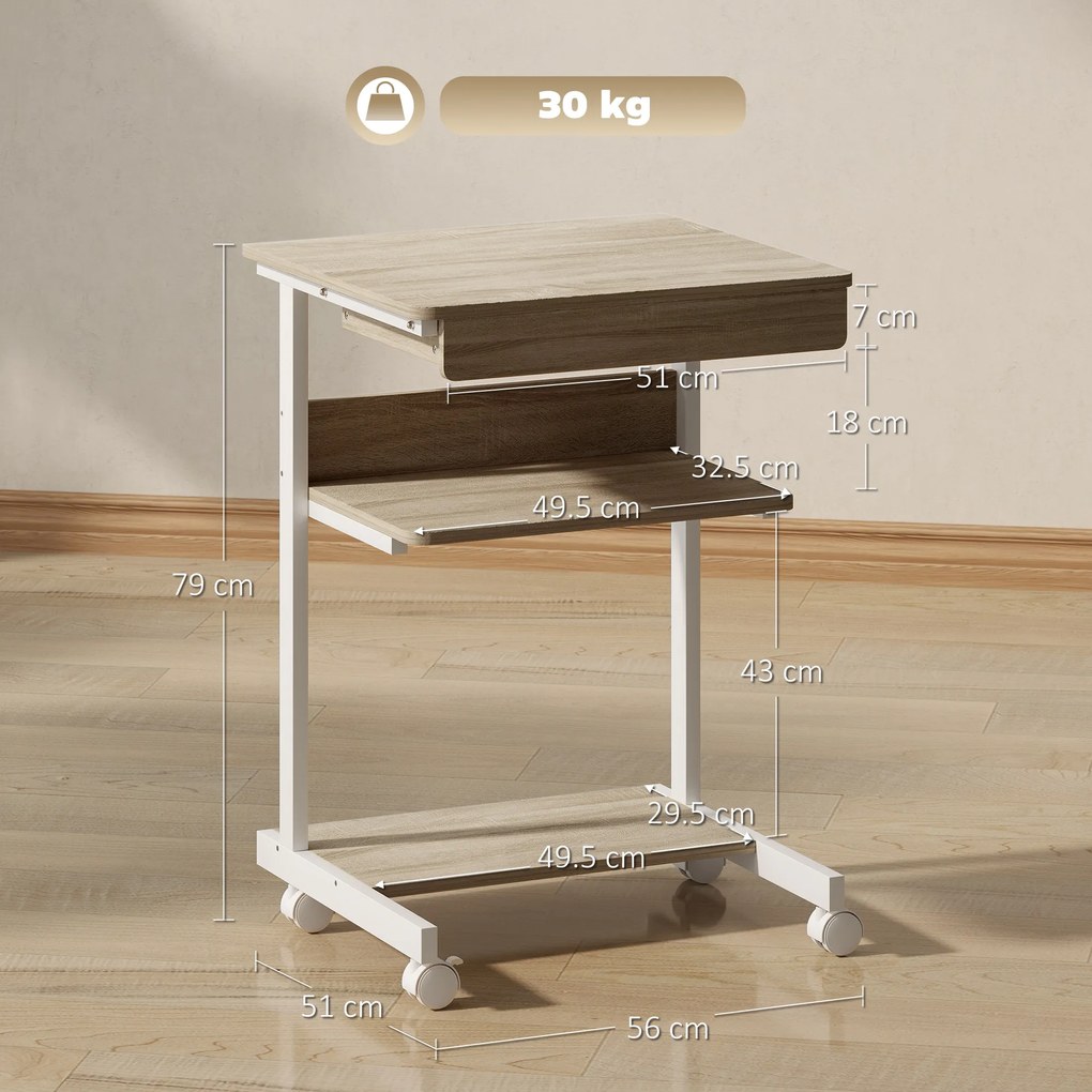 HOMCOM Birou de calculator pe roti, birou cu depozitare 56 x 51 cm cu sertar, compartiment si suport CPU, stejar | Aosom Romania