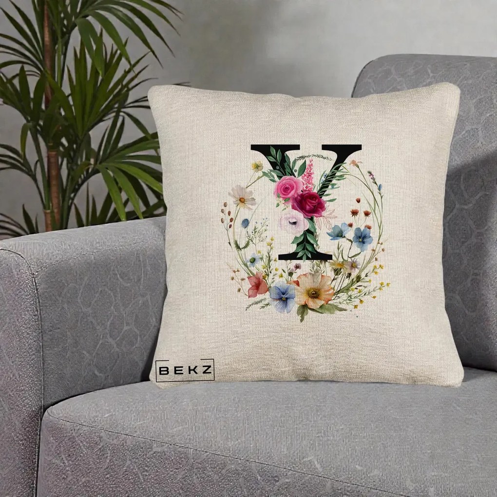 Cadou Personalizat - Perna Personalizata Monograma Florala Litera Y cu Coroana, 40x40 cm, Bej Canapea, Husa Detasabila, Perna Inclusa, BEKZ®