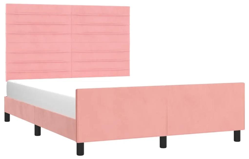 Cadru de pat cu tablie, roz, 140x200 cm, catifea Roz, 140 x 200 cm, Benzi orizontale