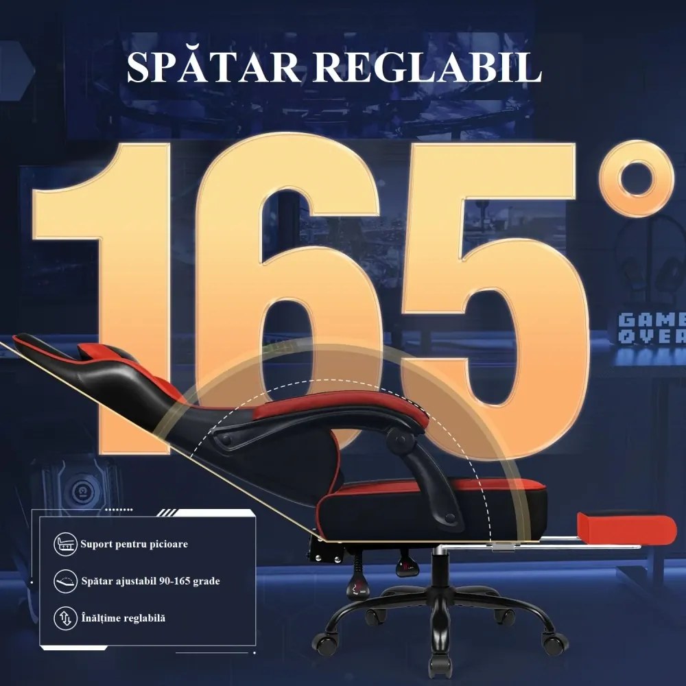 Scaun gaming, Masaj în perna lombară, Suport picioare, Rabatabil 90-165°, piele PU, Negru/Rosu
