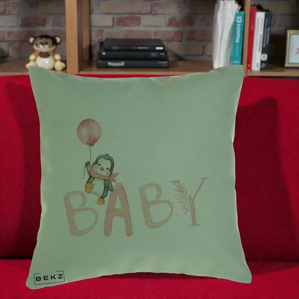 Perna Personalizata Baby Pinguin Roz, 40x40 cm, Verde, Husa Detasabila, Perna Inclusa, BEKZ®