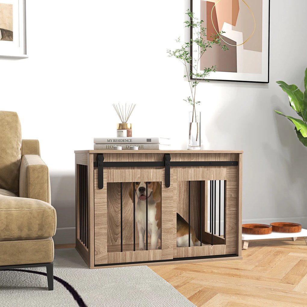 PawHut Cușcă cușetă pentru câini animale interioare ușă glisantă, oțel efect lemn, dim. 57H x 80L x 54l cm | Aosom Romania