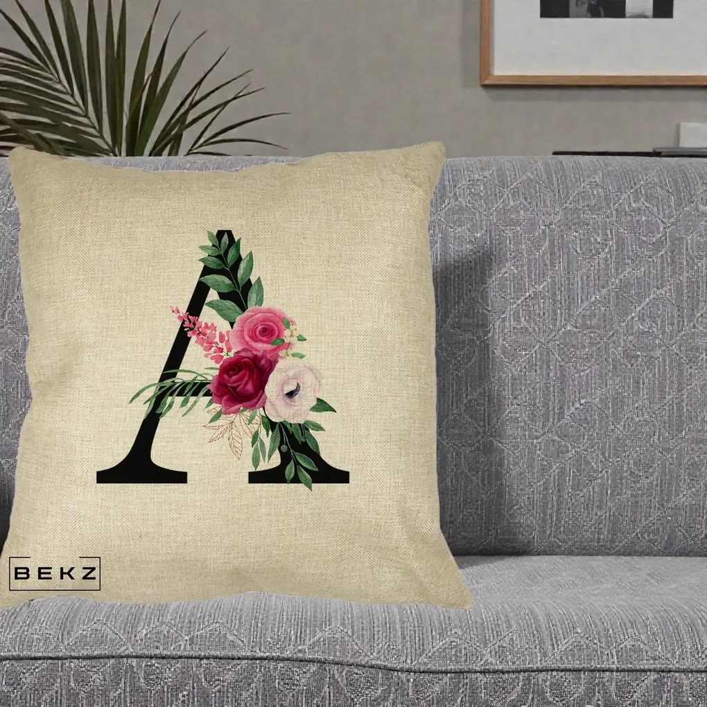 Cadou Personalizat - Perna Personalizata Monograma Florala Litera A, 40x40 cm, Crem, Husa Detasabila, Perna Inclusa, BEKZ®