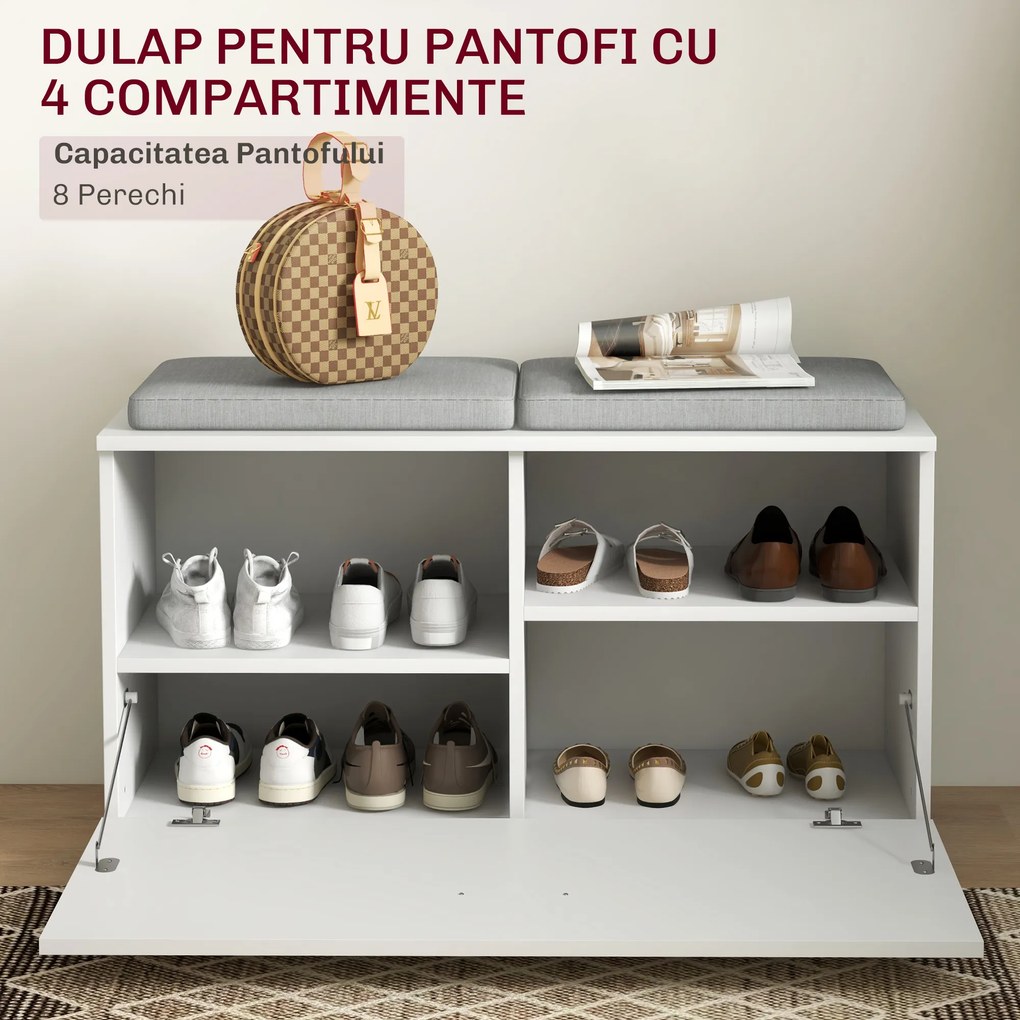 HOMCOM Set de Depozitare pentru Hol 4-în-1, Cuiere, Oglindă, Bancă pentru Încălțăminte cu Scaun, 85x35x49 cm, Alb | Aosom Romania