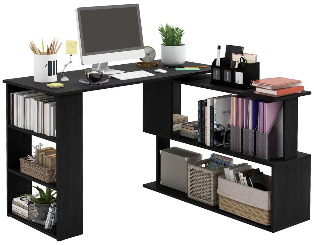 HOMCOM Birou pentru Calculator de Colț cu Design Rotativ în Formă de L și 5 Rafturi, 120x110x74.5 cm, Negru | Aosom Romania