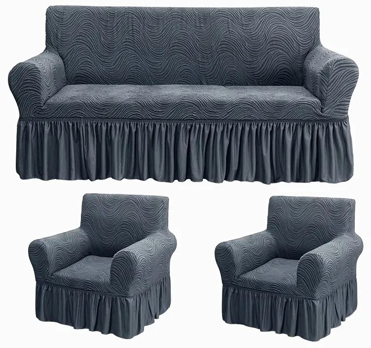Set huse elastice pentru canapea 3 Locuri si 2 fotolii, cu volanas, model Jacquard Cenusiu in dungi