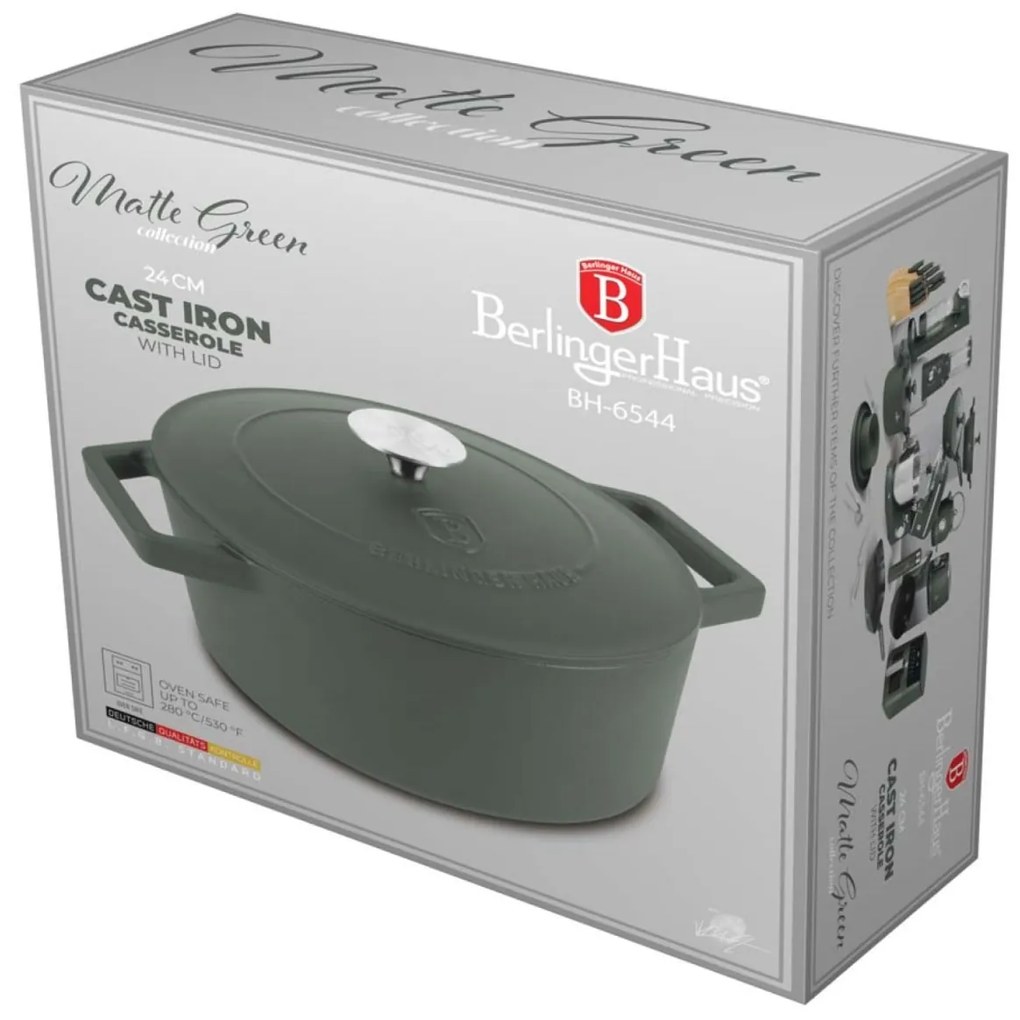 Oală din fontă emailată cu capac 24 cm, 4.35L – Berlinger Haus Green Matte Collection BH 6544, verde, pentru pâine, fripturi și supe