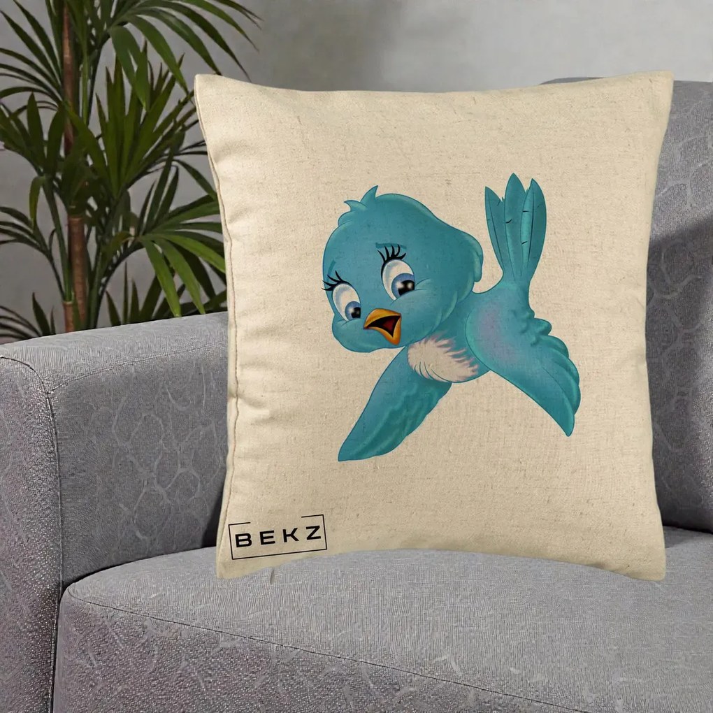 Perna Decorativa Pui de Pasare Albastru, 40x40 cm, Bej, Husa Detasabila, Perna Inclusa, BEKZ®