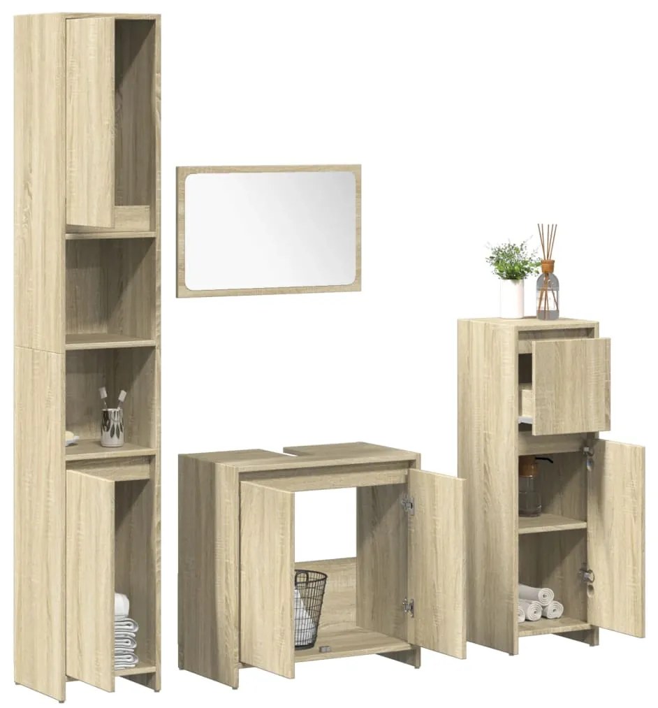 3324969 vidaXL Set mobilier de baie, 4 piese, stejar sonoma, lemn prelucrat