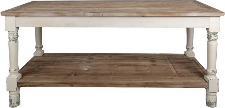 Masă de prezentare shabby chic din lemn, natur, cu raft inferior și picioare strunjite, finisaj alb antichizat, 85 x 180 x 70 cm, „Clarisse”