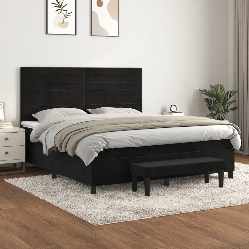 Pat box spring cu saltea, negru, 160x200 cm, catifea Negru, 160 x 200 cm, Benzi orizontale