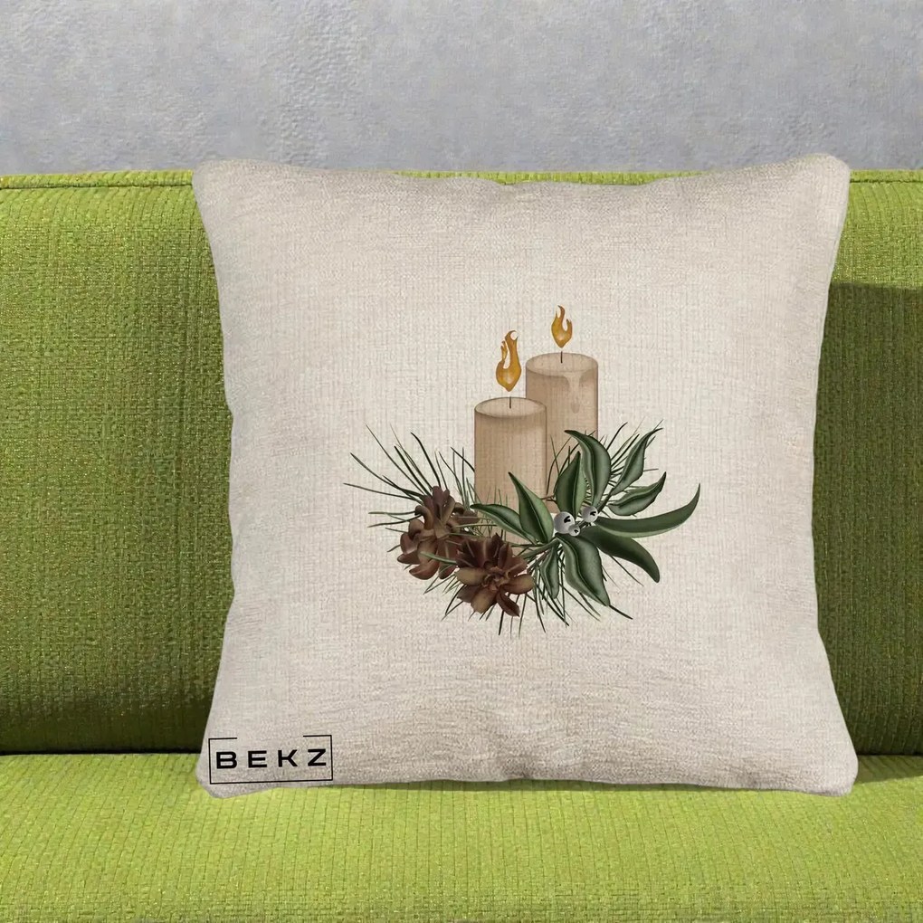 Perna Decorativa Lumanari cu Ilex si Conuri Ilustratie, 40x40 cm, Bej Canapea, Husa Detasabila, Perna Inclusa, BEKZ®