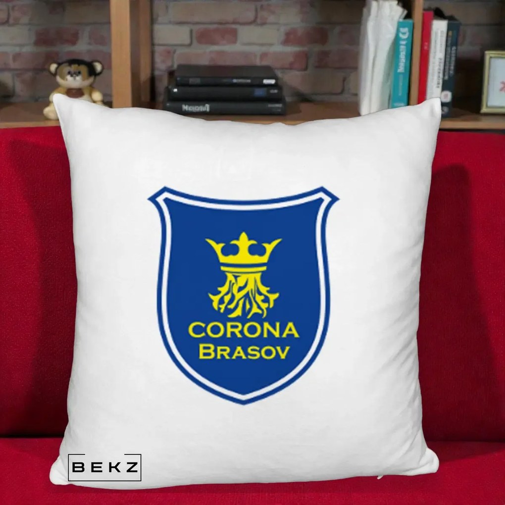 Perna Personalizata Corona Brasov Fotbal, 40x40 cm, Alb Pufos, Husa Detasabila, Perna Inclusa, BEKZ®