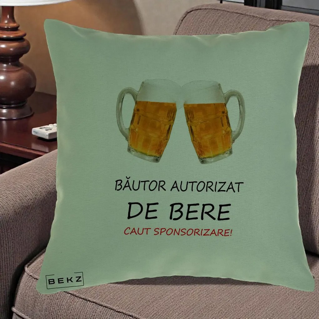 Perna Decorativa Bautor Autorizat de Bere, 40x40 cm, Verde, Husa Detasabila, Perna Inclusa, BEKZ®