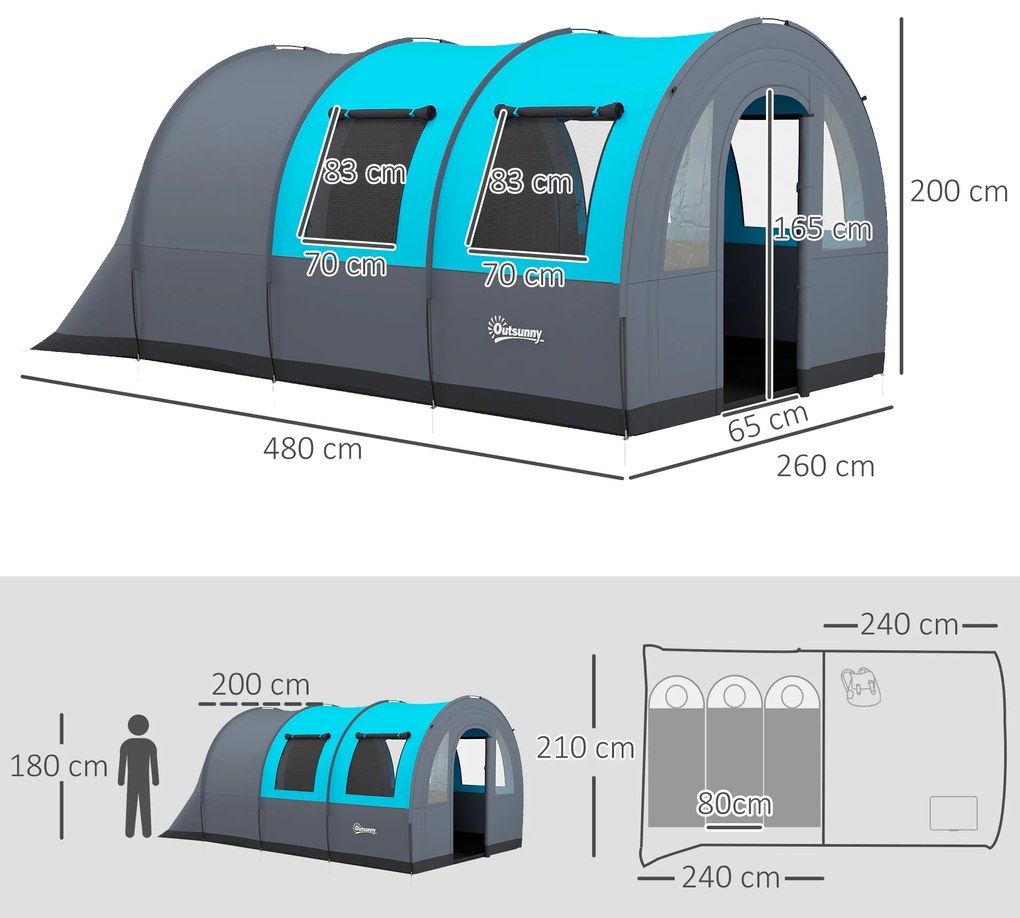 Outsunny Cort de Camping Impermeabil, Cort cu 5 Locuri, Zonă Separată de Dormit și Living, 480x260x200 cm, Gri și Albastru | Aosom Romania