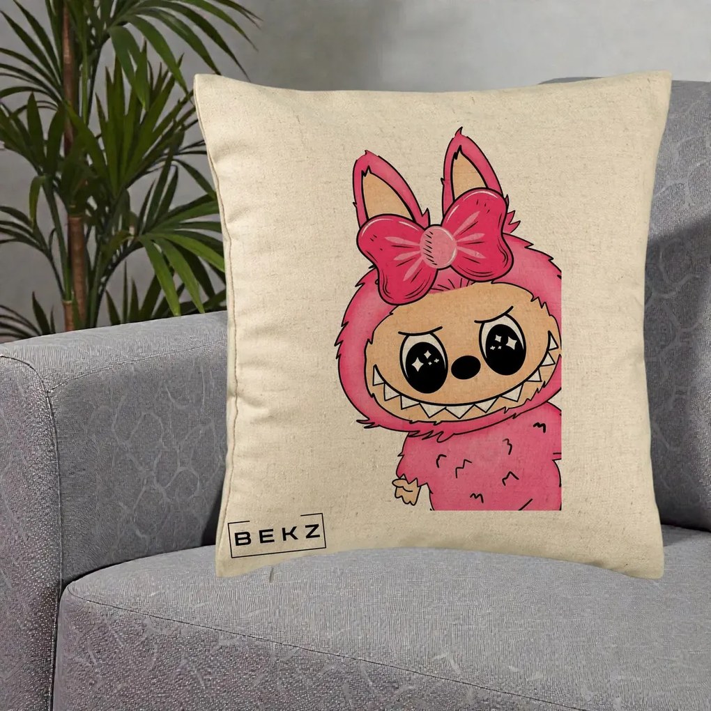 Perna Personalizata Labubu Roz cu Funda, 40x40 cm, Bej, Husa Detasabila, Perna Inclusa, BEKZ®