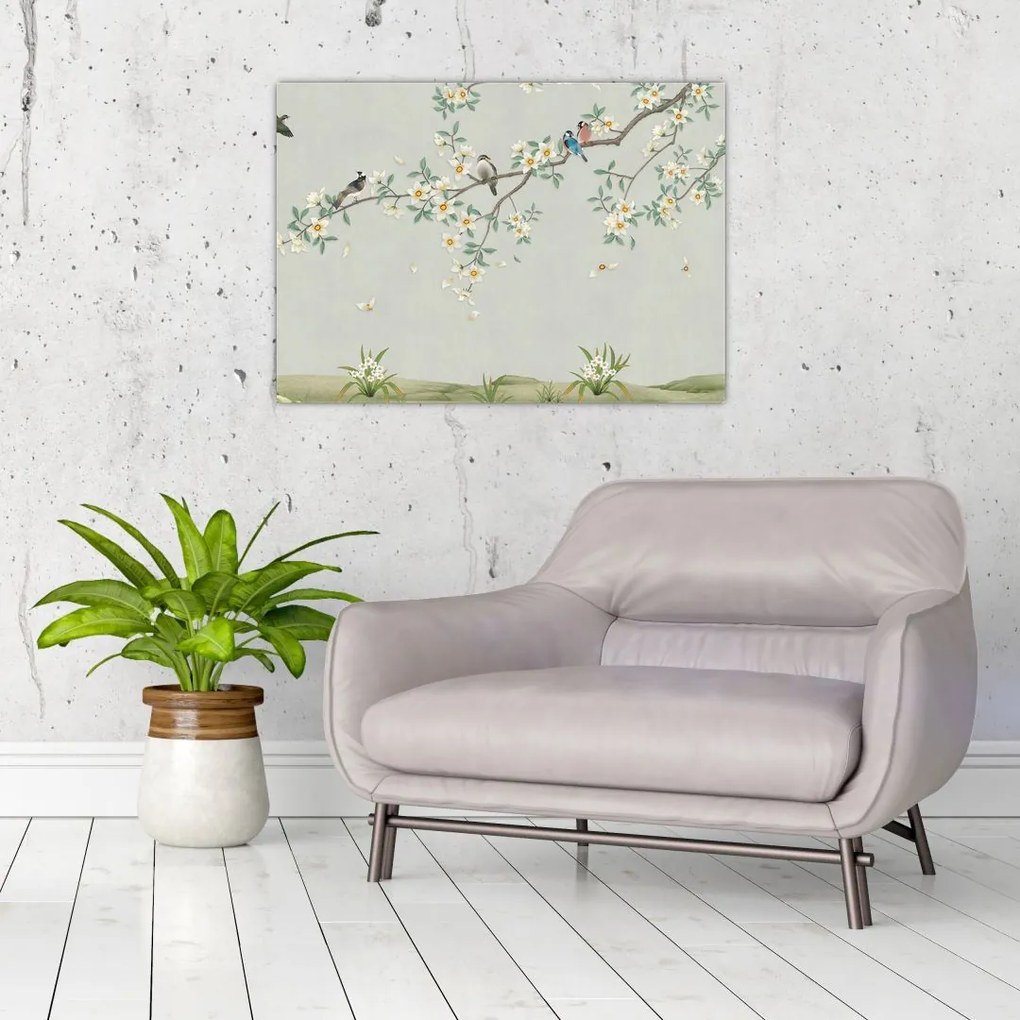 Tablou pe sticlă - Adunarea păsărilor (70x50 cm)
