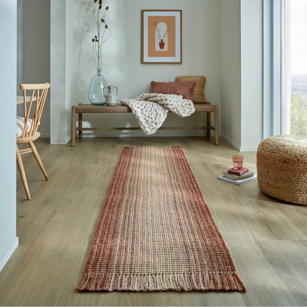 Covor tip traversă roșu reversibil/țesut manual din amestec de iută 60x230 cm Jute Ombre Red – Flair Rugs