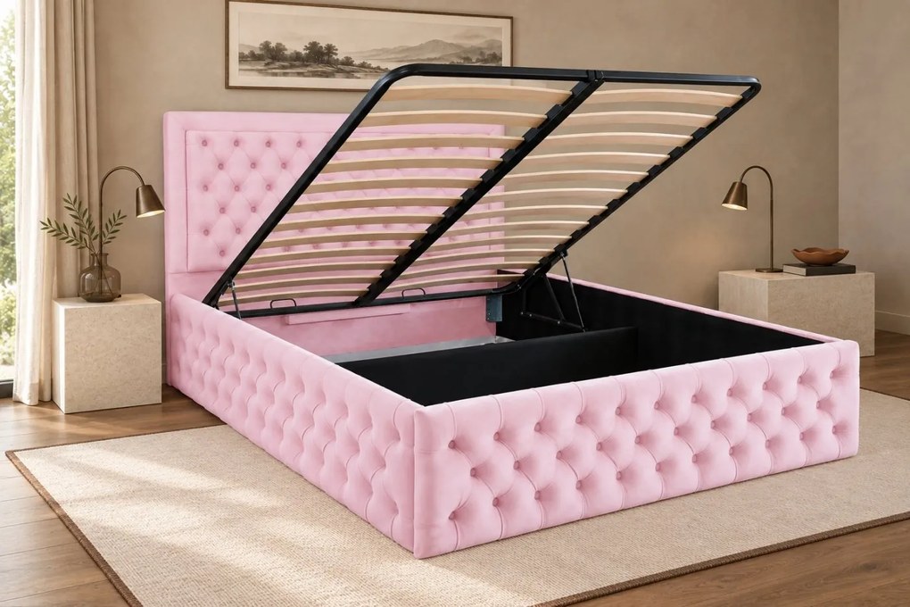Pat tapițat Chesterfield din catifea Ophelia Deluxe 200×200 cm, roz, cu ladă de depozitare