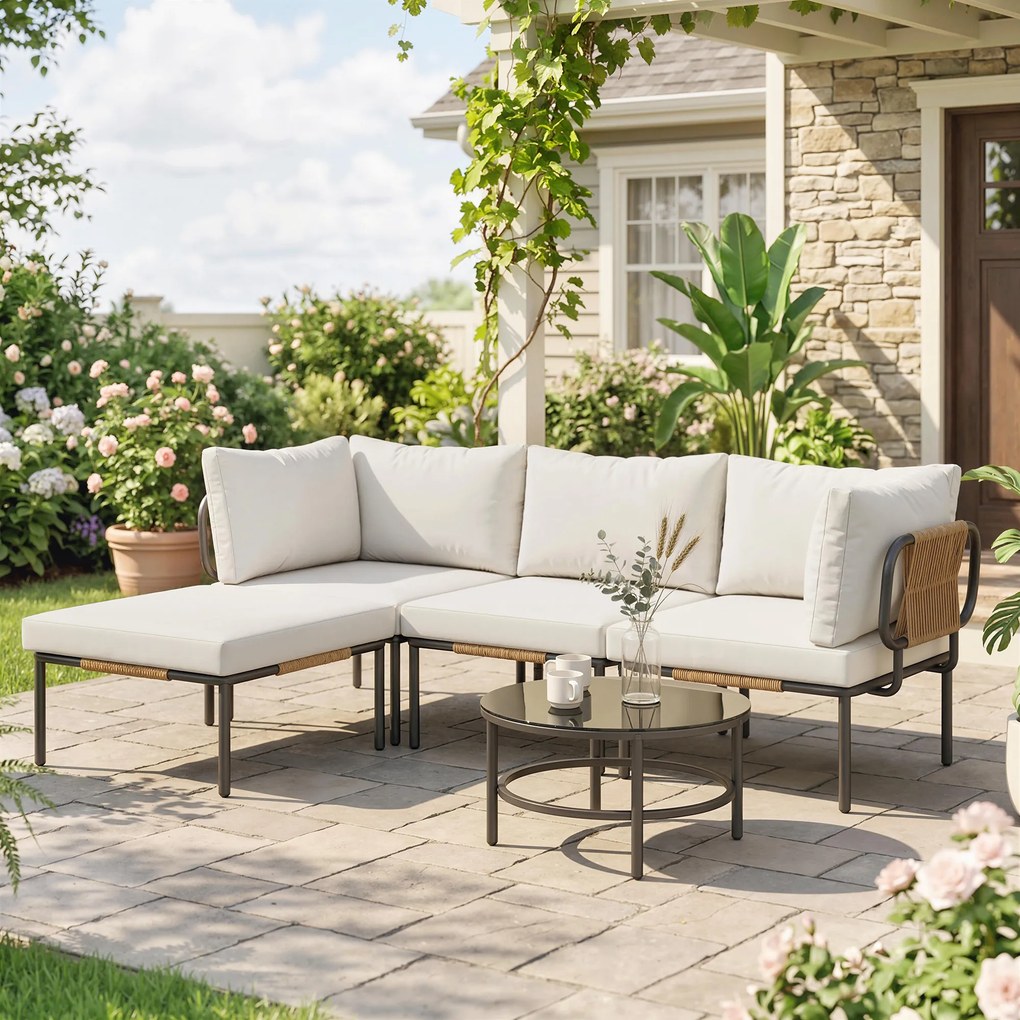Outsunny Set Grădină, 5 Piese, Rattan Modular în L cu Perne, Culoare Bej | Aosom Romania