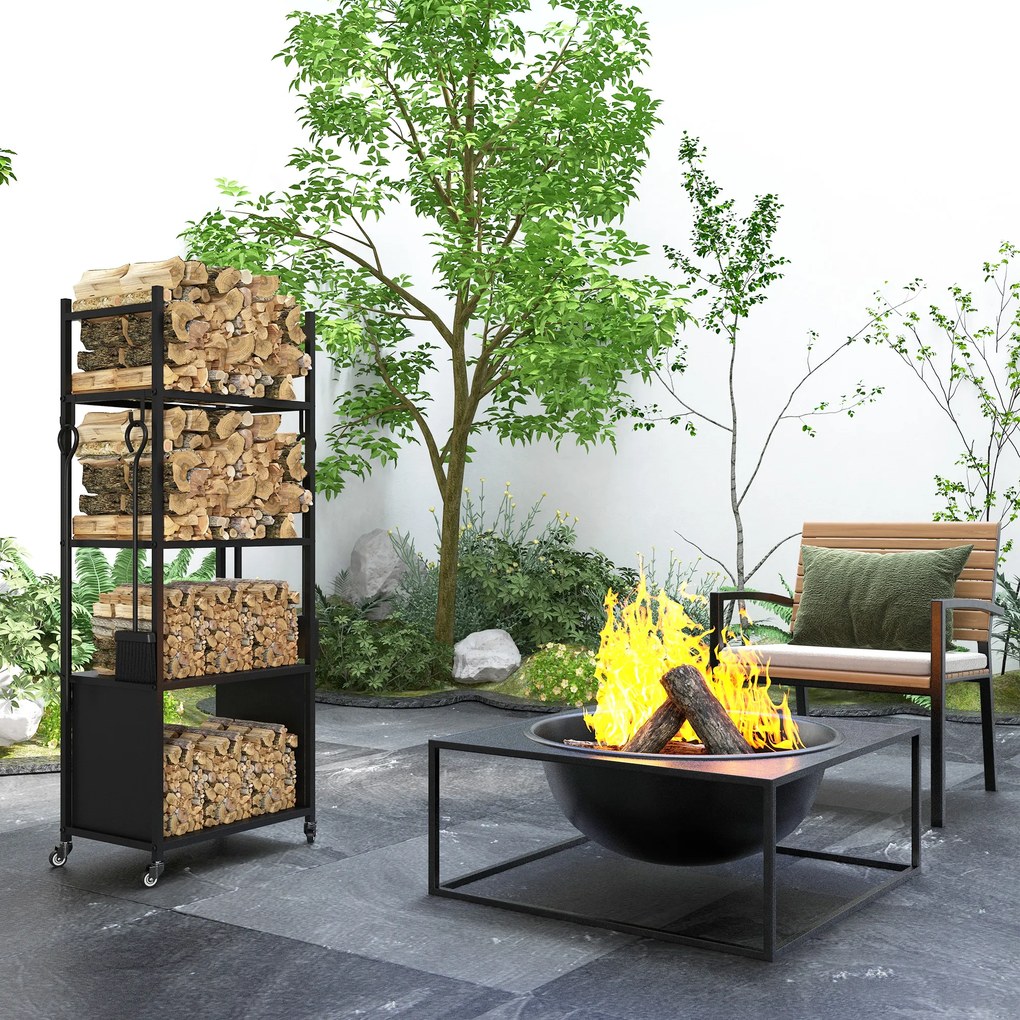 Outsunny Suport pentru Lemne de Foc de Interior și Exterior cu Roți și 4 Ustensile, cu Lopățică, Vătrai, Perie și Clește, Metal, 45 x 30 x 118 cm, Negru | Aosom Romania