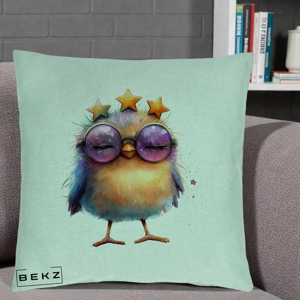 Perna Decorativa Pui Pop Star cu Ochelari Stele Violet, 40x40 cm, Verde Menta, Husa Detasabila, Perna Inclusa, BEKZ®