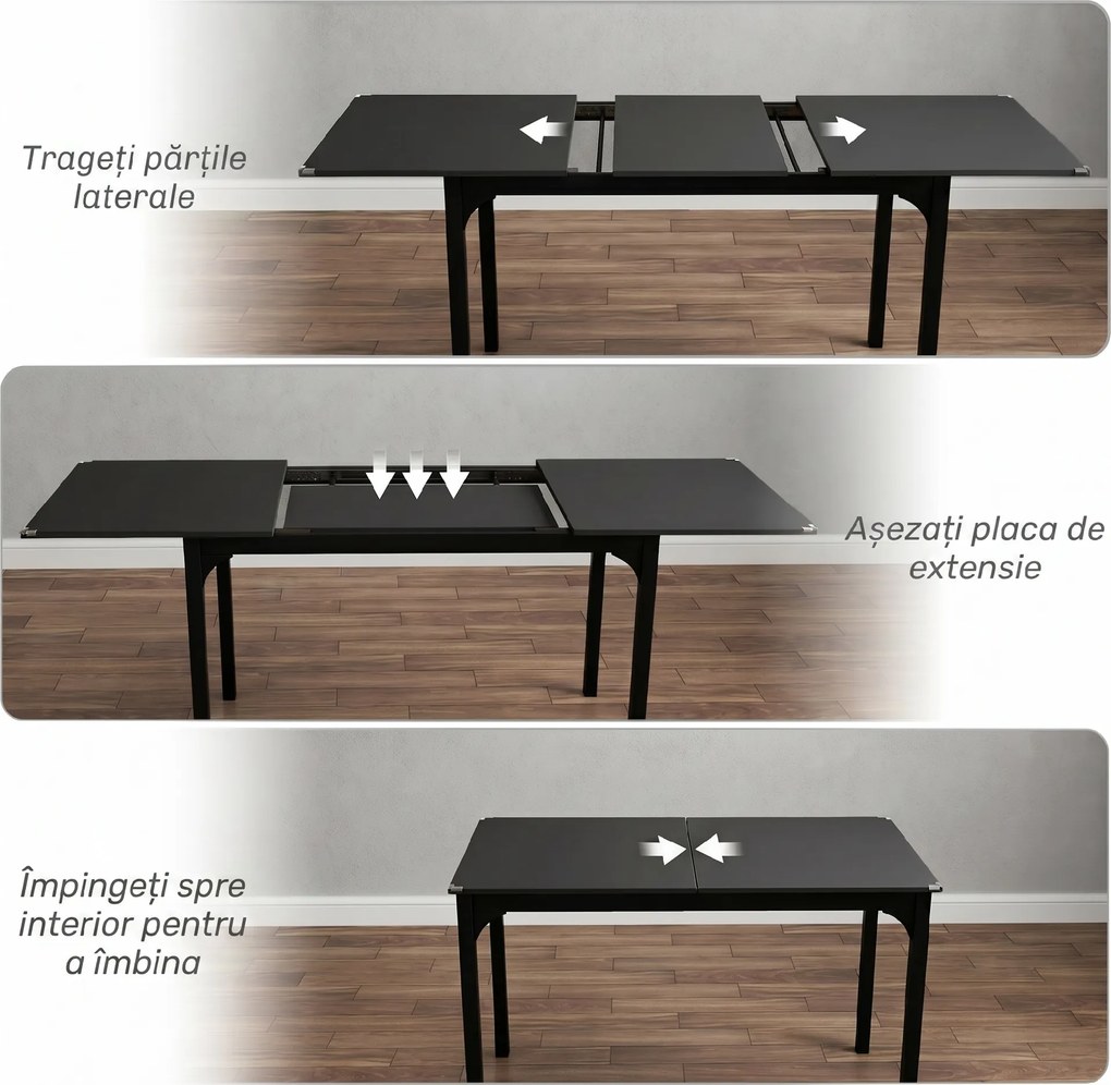 HOMCOM Masă de Grădină Extensibilă pentru 4-6 Persoane cu Picioare din Oțel, 160x70x75 cm, Negru | Aosom Romania