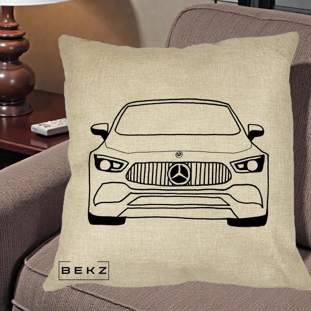 Perna Personalizata Mercedes-Benz Fata Linie, 40x40 cm, Crem, Husa Detasabila, Perna Inclusa, BEKZ®