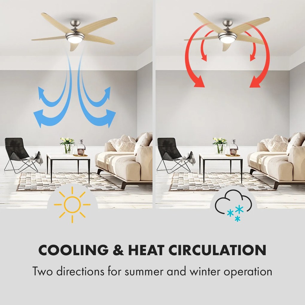 Klarstein Bolero, 55W, ventilator de tavan cu lampă, 134 cm, brațe din lemn de arțar, telecomandă