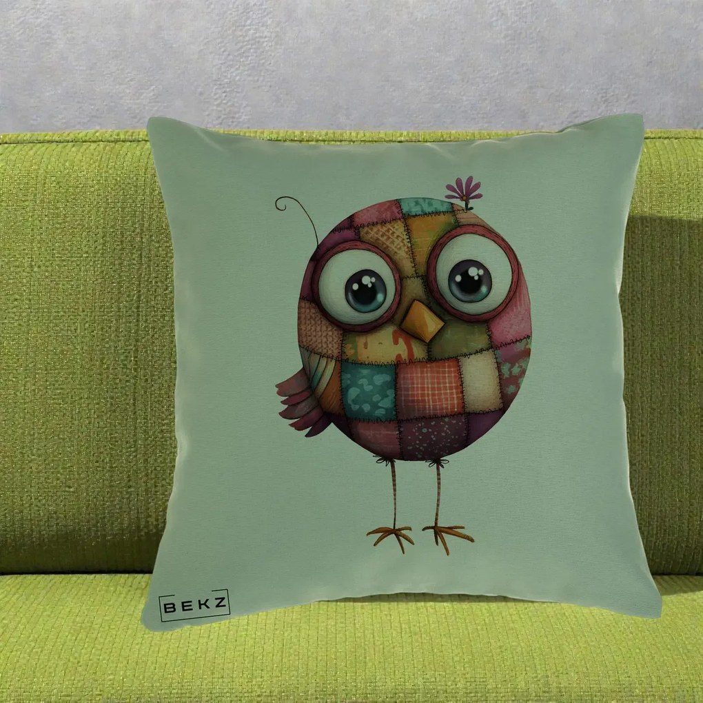 Perna Decorativa Pasare Patchwork Roz cu Floare, 40x40 cm, Verde, Husa Detasabila, Perna Inclusa, BEKZ®